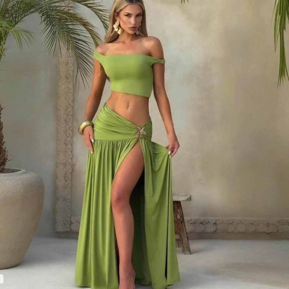 Elegant Lime Off-Shoulder Two-Piece Set